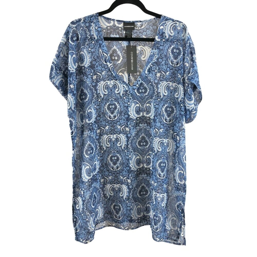 Cover2Cover Womens Swim Cover Up Sheer Paisley V Neck Oversized Blue Size S